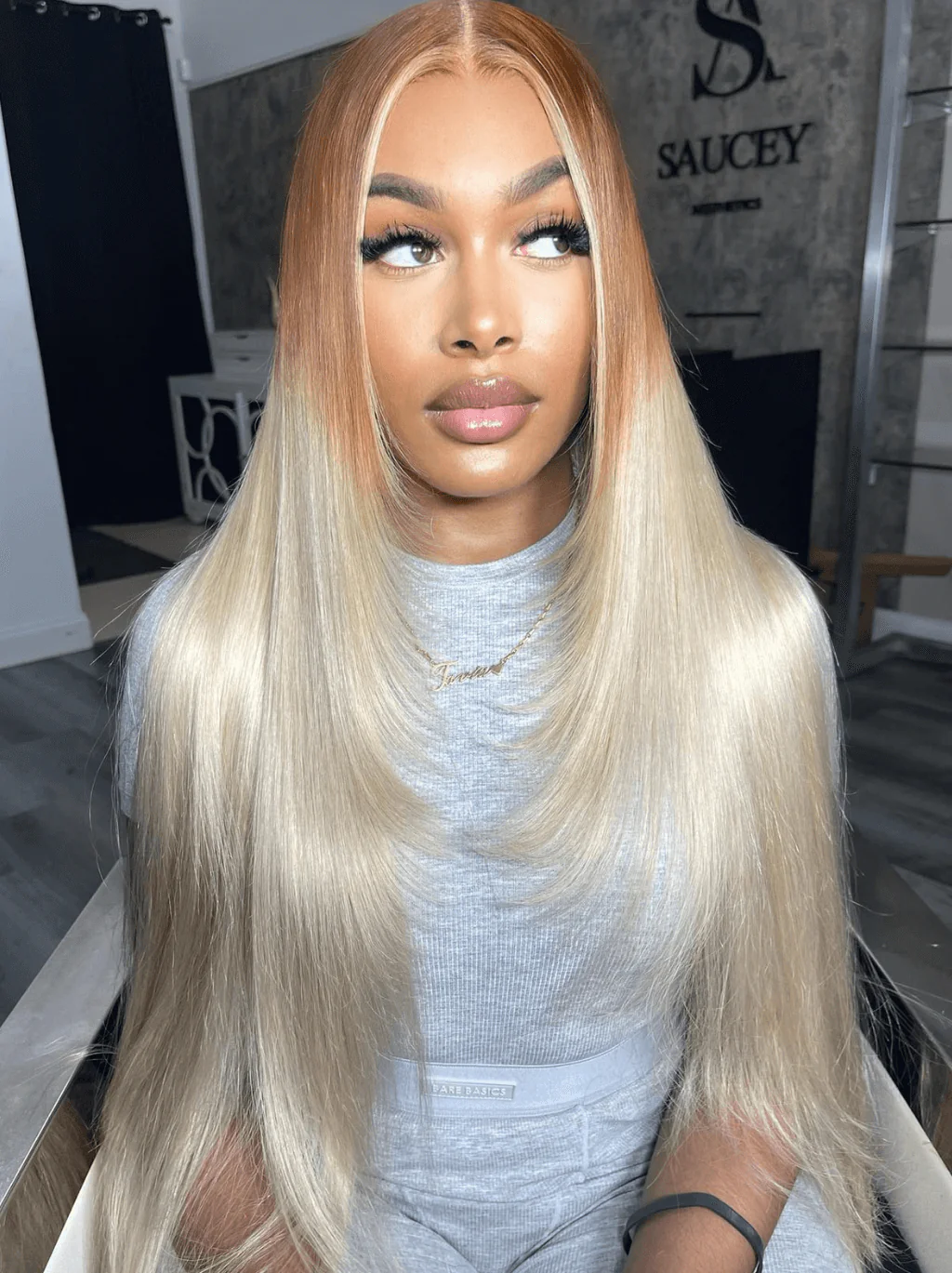 Dorsanee Ombre Brown Platinum Blonde Skunk Stripe Straight Body Wave Hair Wigs - Image 4
