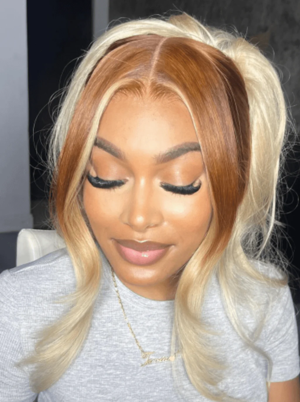 Dorsanee Ombre Brown Platinum Blonde Skunk Stripe Straight Body Wave Hair Wigs - Image 5