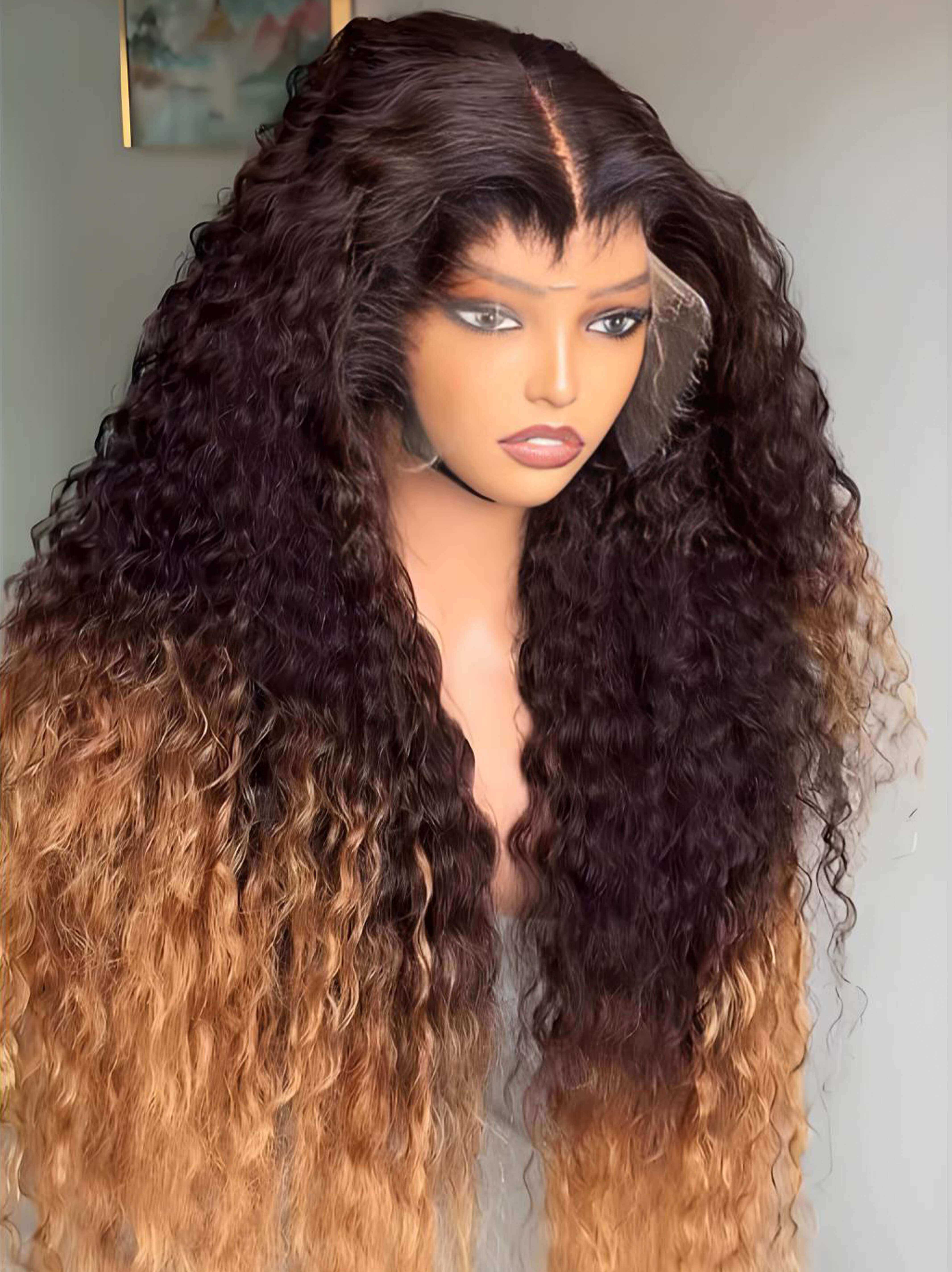 Dorsanee Ombre Chocolate Brown Honey Blonde Deep Wave Curly 13x4 Lace Front Human Hair Wigs - Image 2