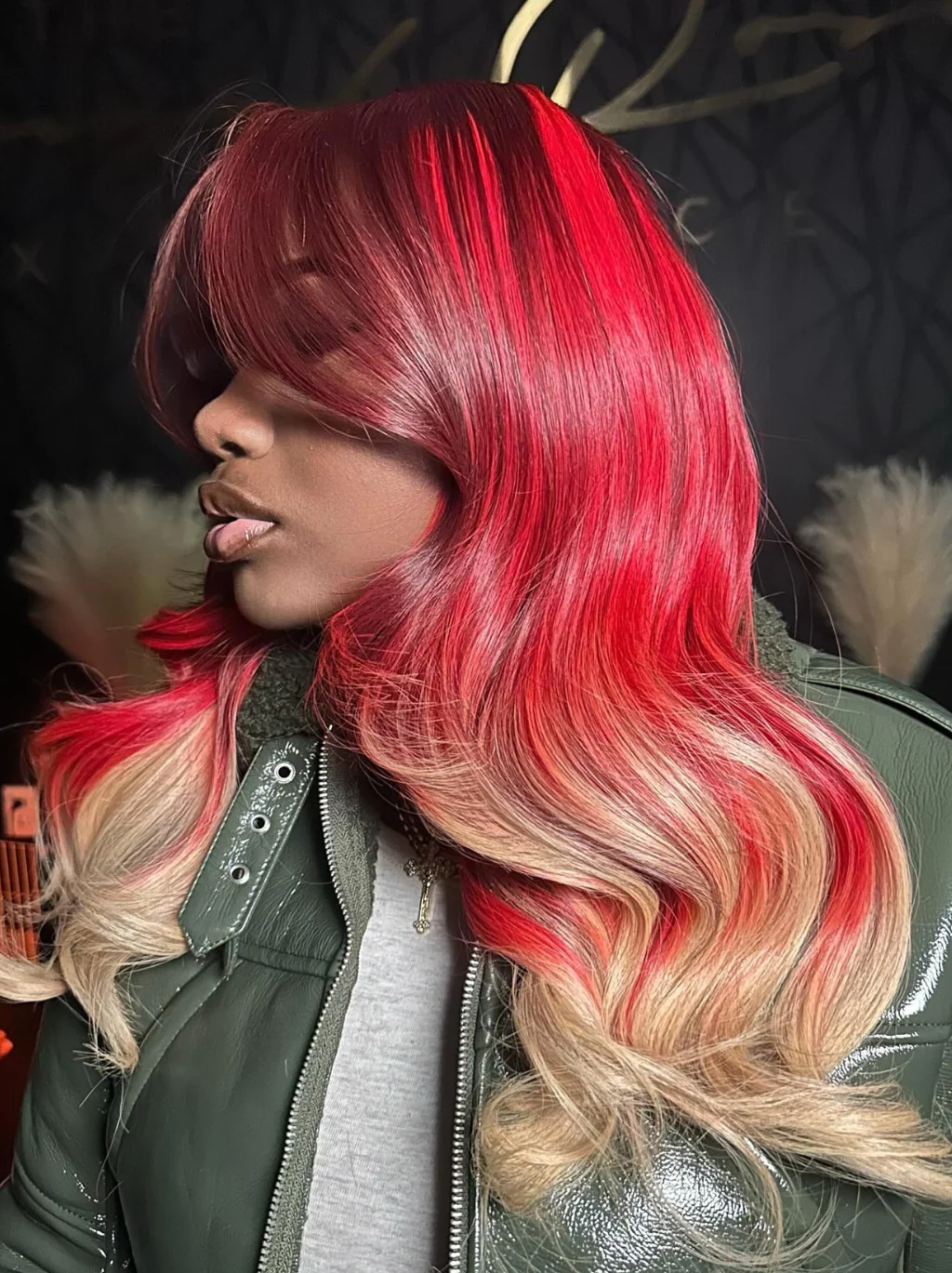 Dorsanee Ombre Chocolate Brown Platinum Blonde With Red Streak Highlights 13x4 Lace Front Human Hair Wigs - Image 2