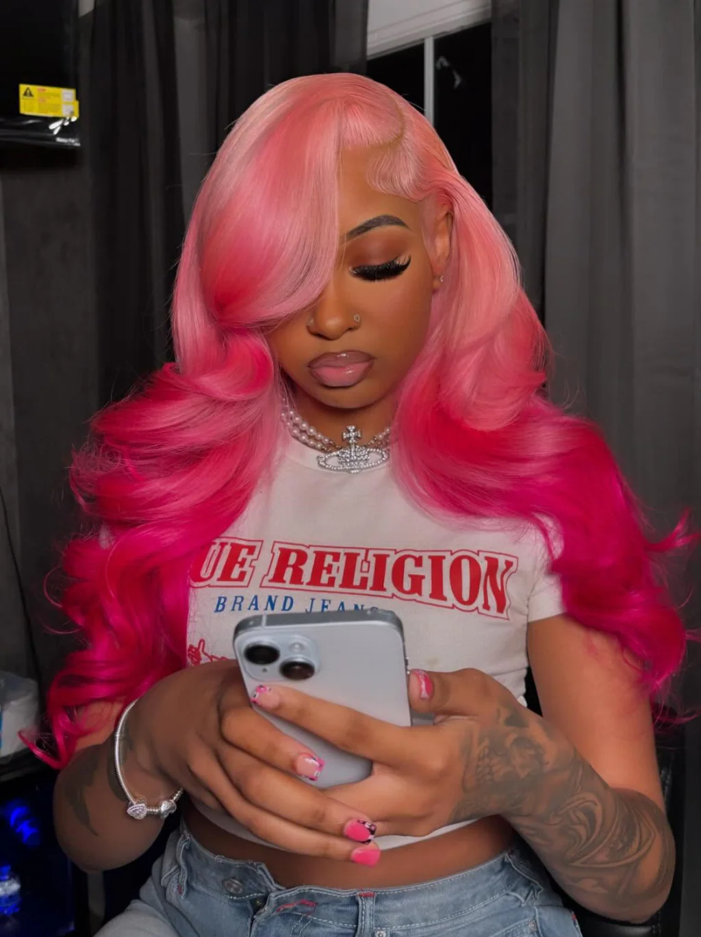 Dorsanee Ombre Cotton Candy Pink Dark Rose Pink Two Tone Color Human Hair Wig 200 Density 13x4 Lace Front Human Hair Wigs - Image 2