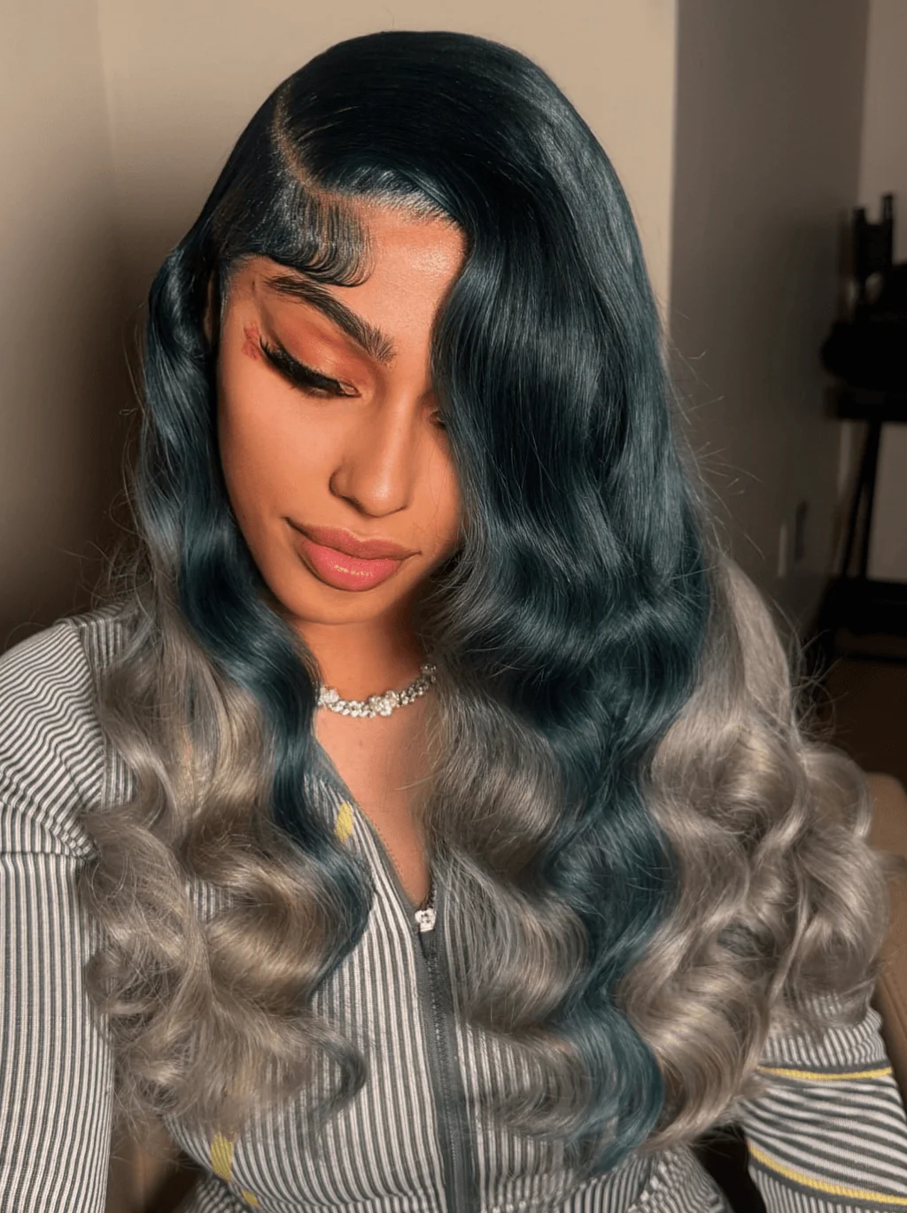 Dorsanee Ombre Dark Olive Green Gray Body Wave 13x4 Lace Front Human Hair Wigs - Image 3
