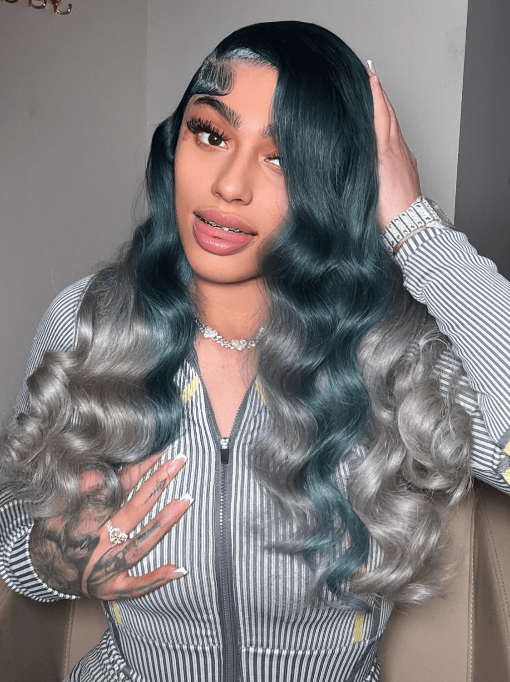 Dorsanee Ombre Dark Olive Green Gray Body Wave 13x4 Lace Front Human Hair Wigs - Image 4
