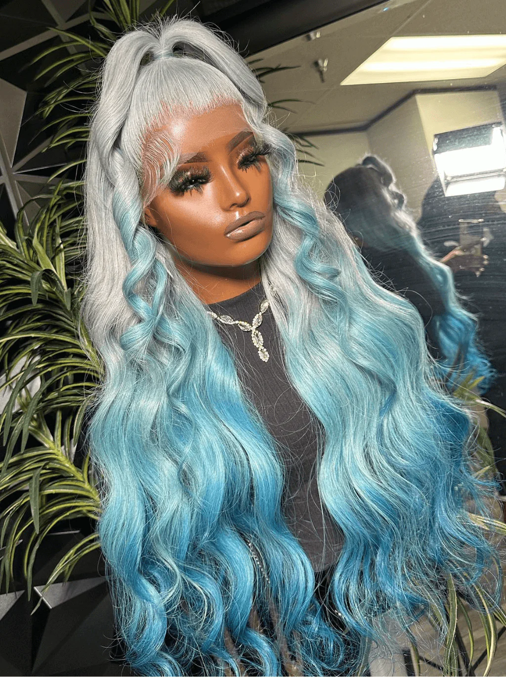 Dorsanee Ombre Gray Blue Straight Body Wave Virgin Remy Human Hair Wig - Image 3