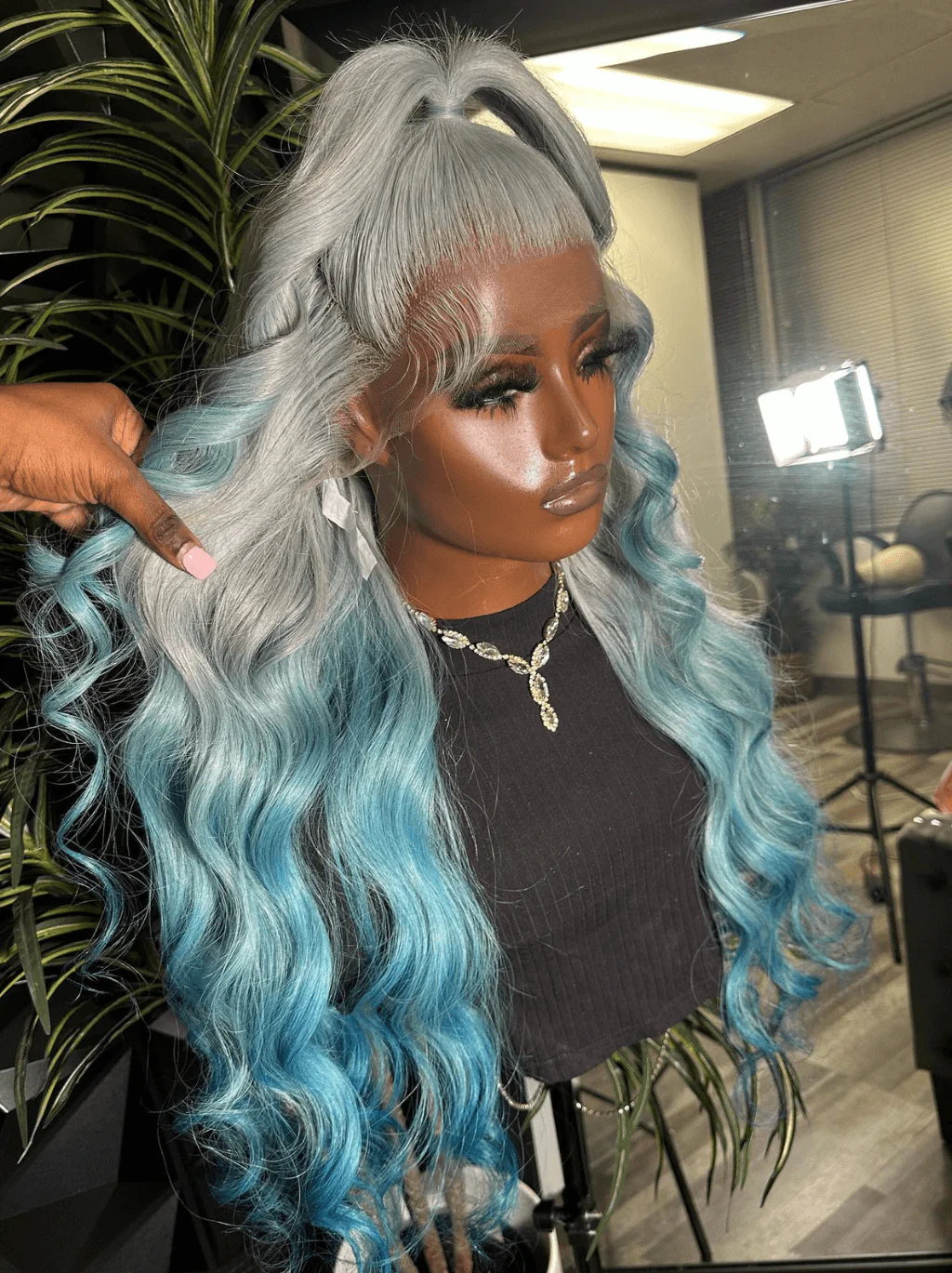 Dorsanee Ombre Gray Blue Straight Body Wave Virgin Remy Human Hair Wig - Image 6