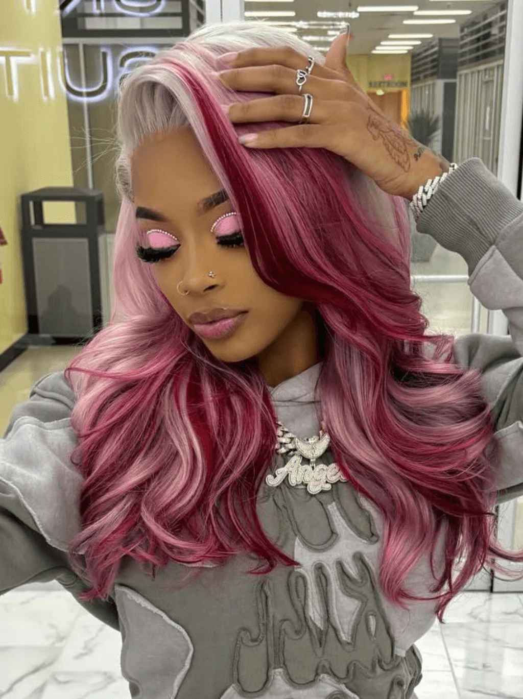 Dorsanee Ombre Gray Purple Red Highlight Transparent Lace Front Human Hair Wig - Image 3