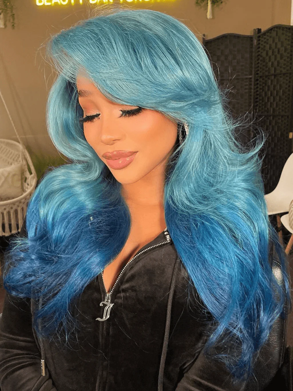 Dorsanee Ombre Light Dark Blue Straight Body Wave HD Lace Front Human Hair Wig - Image 2