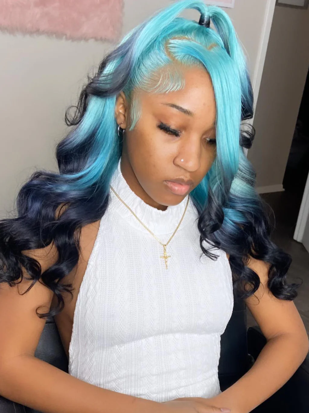 Dorsanee Ombre Ocean Breeze Blue Dark Blue Midnight Blue 13x4 Lace Front Human Hair Wigs - Image 2