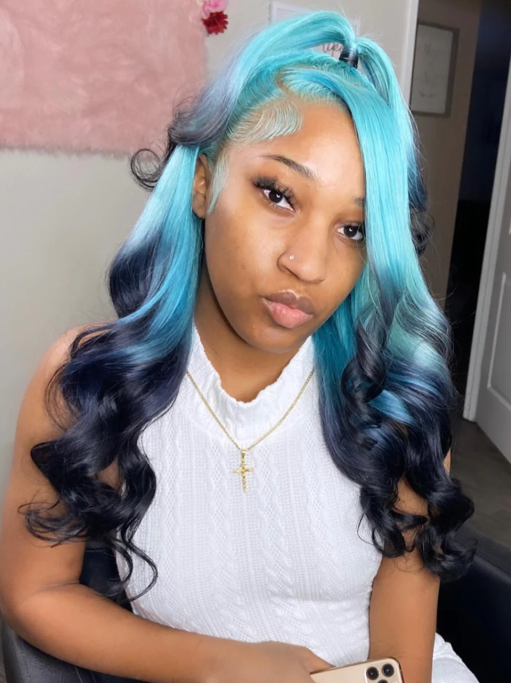 Dorsanee Ombre Ocean Breeze Blue Dark Blue Midnight Blue 13x4 Lace Front Human Hair Wigs - Image 3