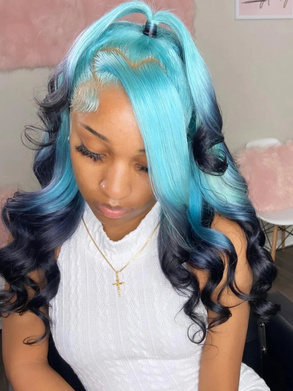 Dorsanee Ombre Ocean Breeze Blue Dark Blue Midnight Blue 13x4 Lace Front Human Hair Wigs - Image 4