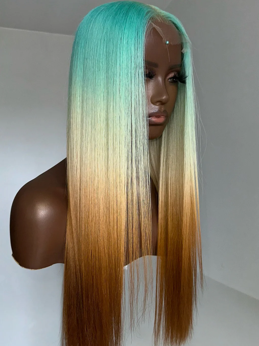 Dorsanee Ombre Pastel Green Blonde Brown Color Wig 200 Density 13x4 Lace Front Human Hair Wigs - Image 4