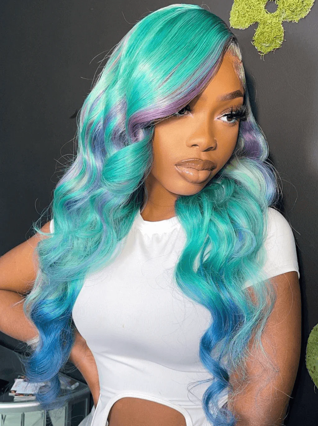 Dorsanee Ombre Pastel Green Blue Purple Skunk Stripe Lace Front Human Hair Wigs - Image 2