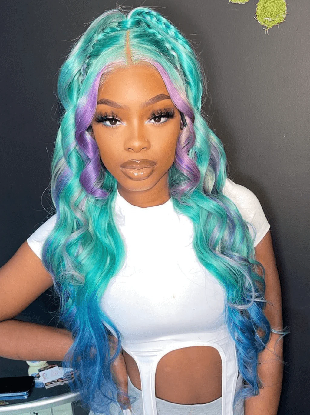 Dorsanee Ombre Pastel Green Blue Purple Skunk Stripe Lace Front Human Hair Wigs - Image 3