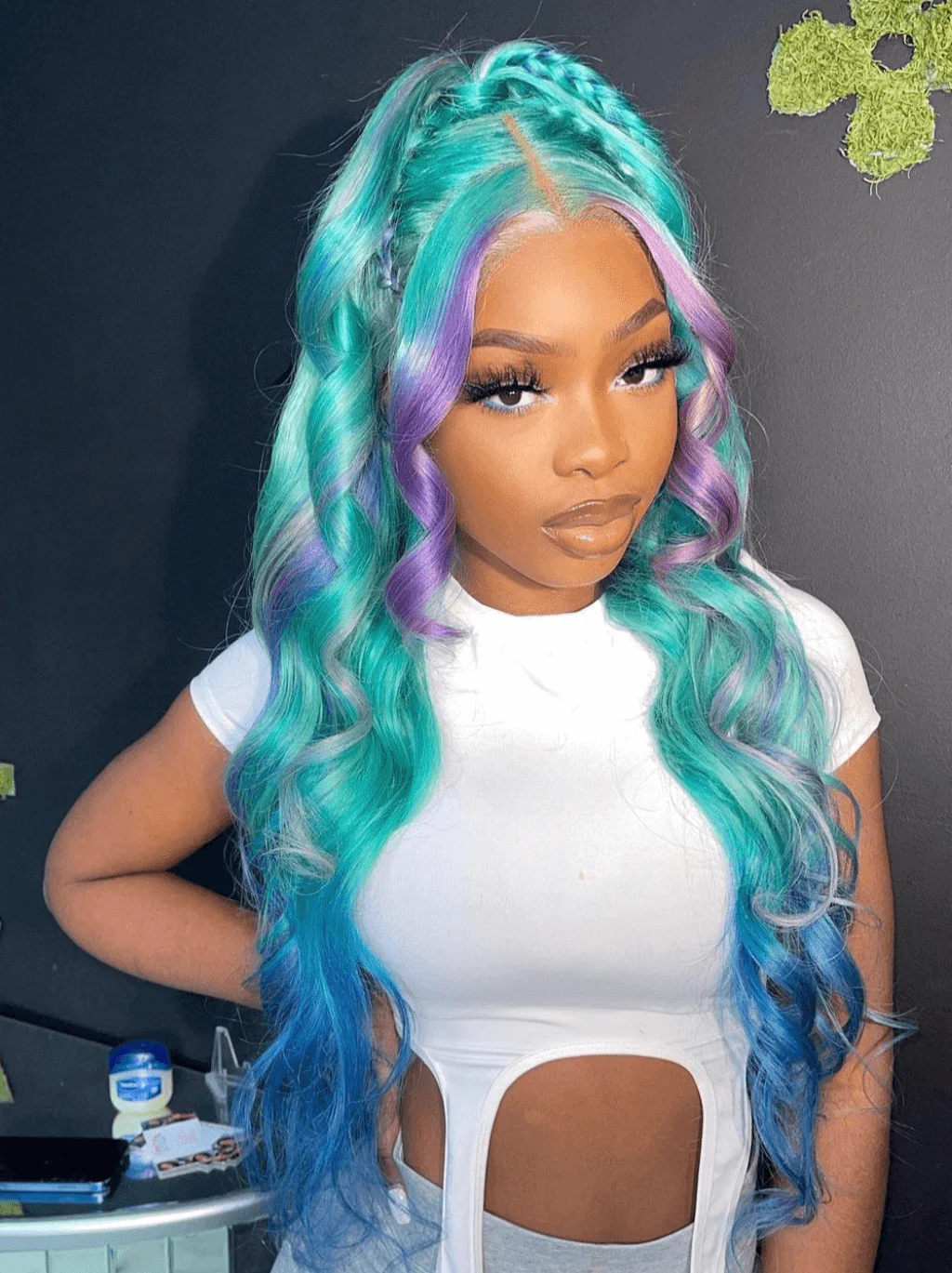 Dorsanee Ombre Pastel Green Blue Purple Skunk Stripe Lace Front Human Hair Wigs - Image 4