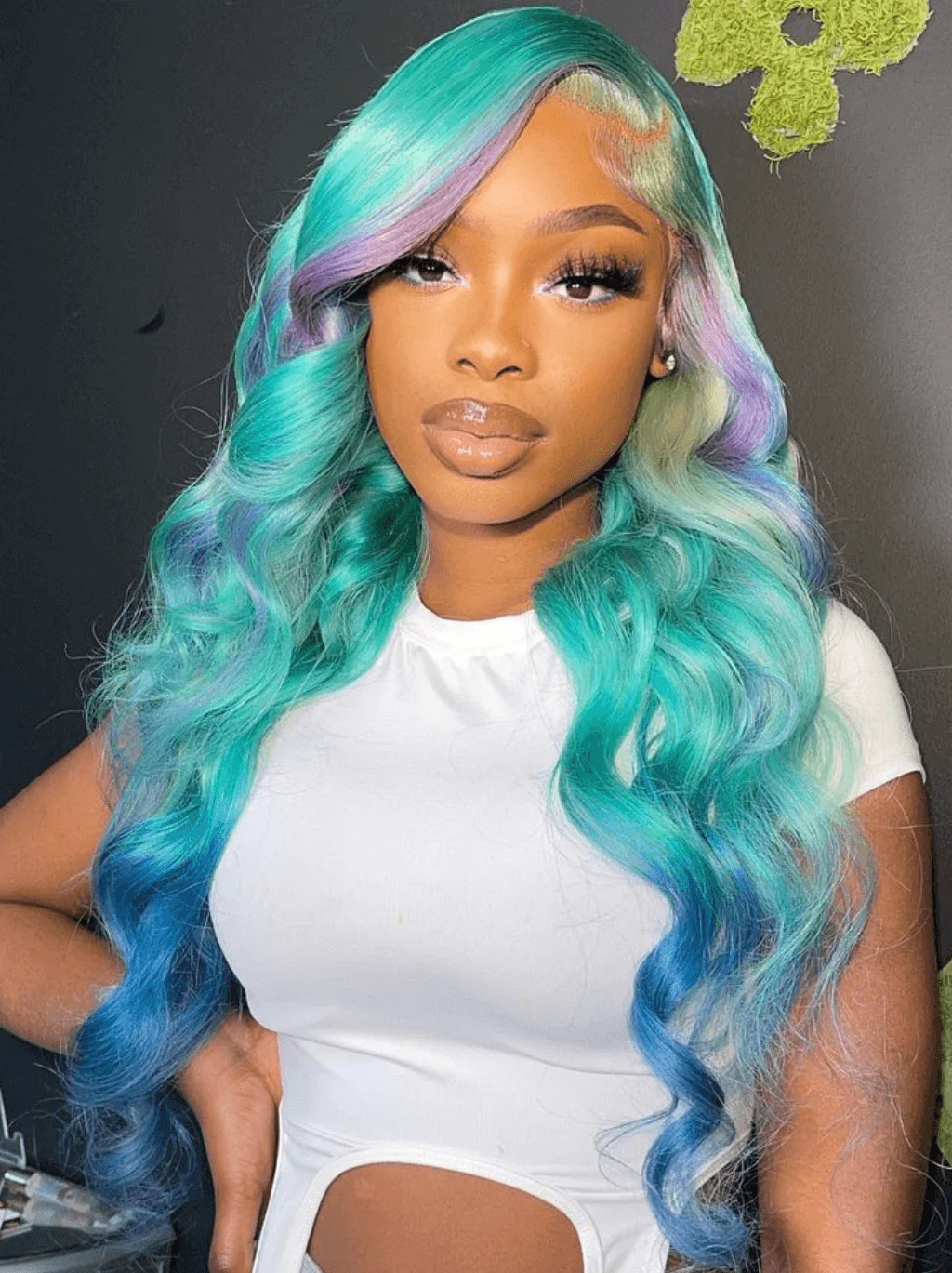 Dorsanee Ombre Pastel Green Blue Purple Skunk Stripe Lace Front Human Hair Wigs - Image 5