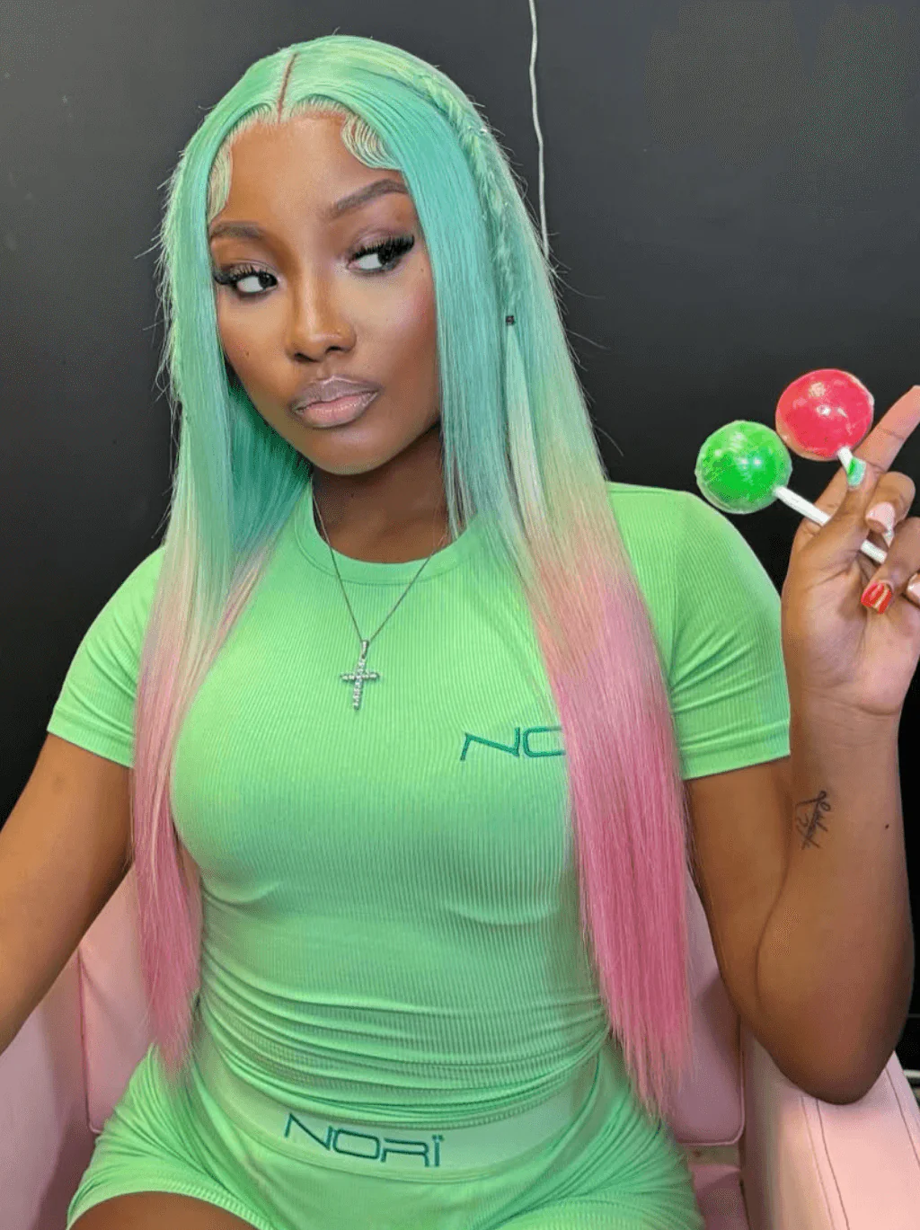 Dorsanee Ombre Pastel Green Pink Bone Straight 13x4 Lace Front Human Hair Wigs - Image 2
