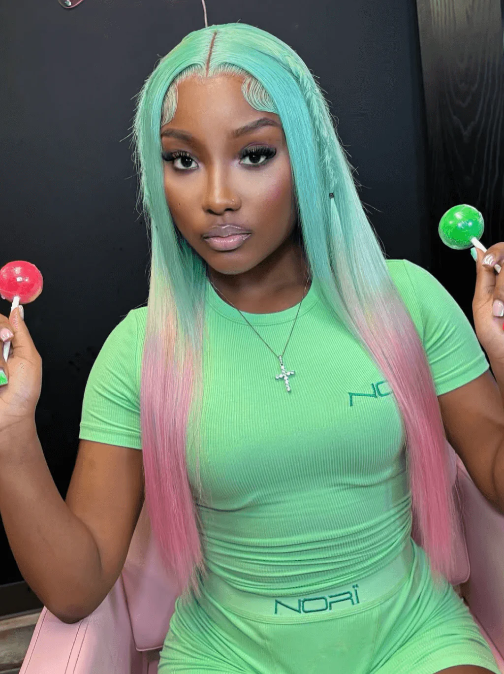 Dorsanee Ombre Pastel Green Pink Bone Straight 13x4 Lace Front Human Hair Wigs - Image 3