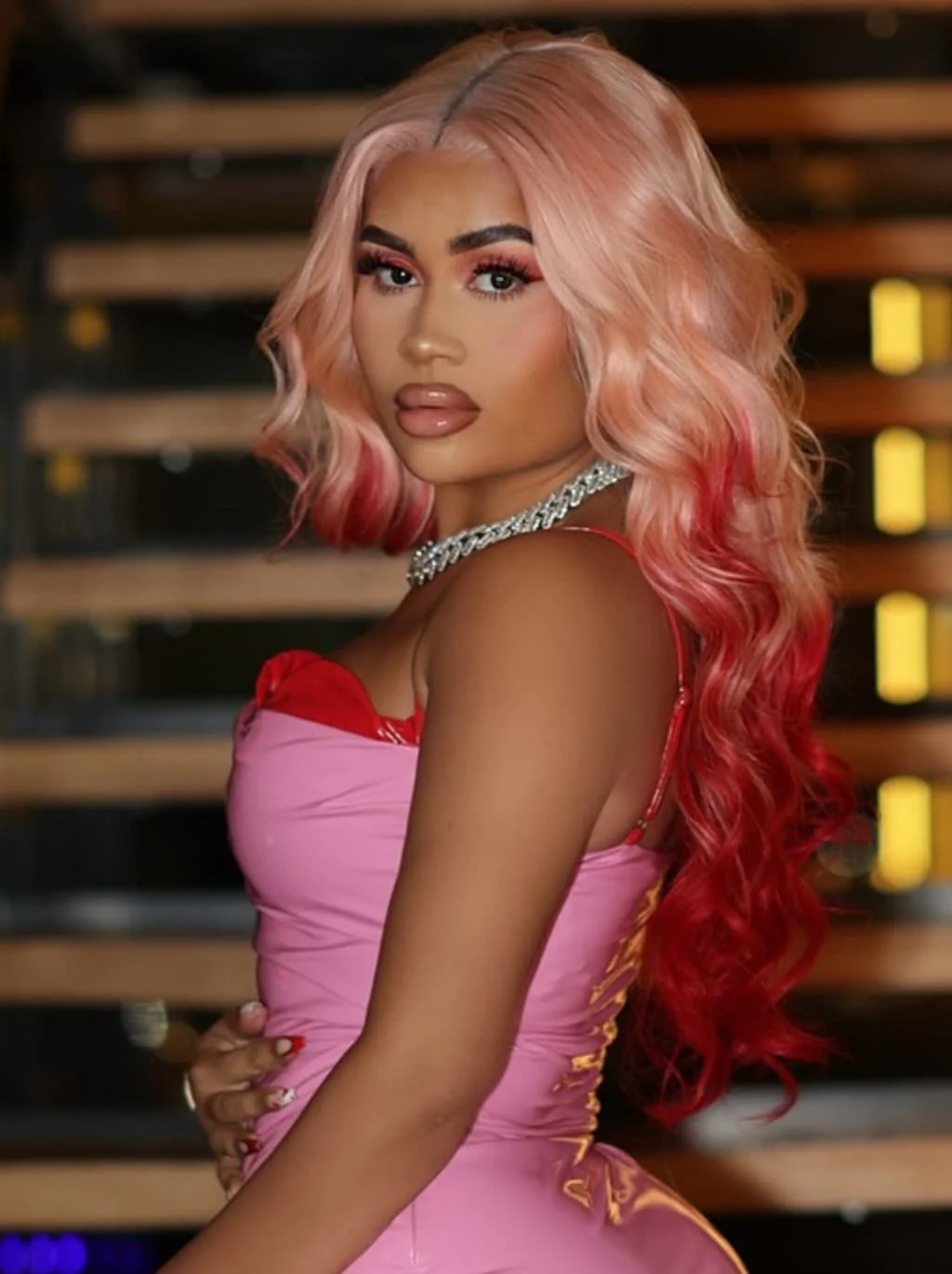 Dorsanee Ombre Pastel Pink Burgundy Red 13x4 Lace Front Virgin Human Hair Wig - Image 3