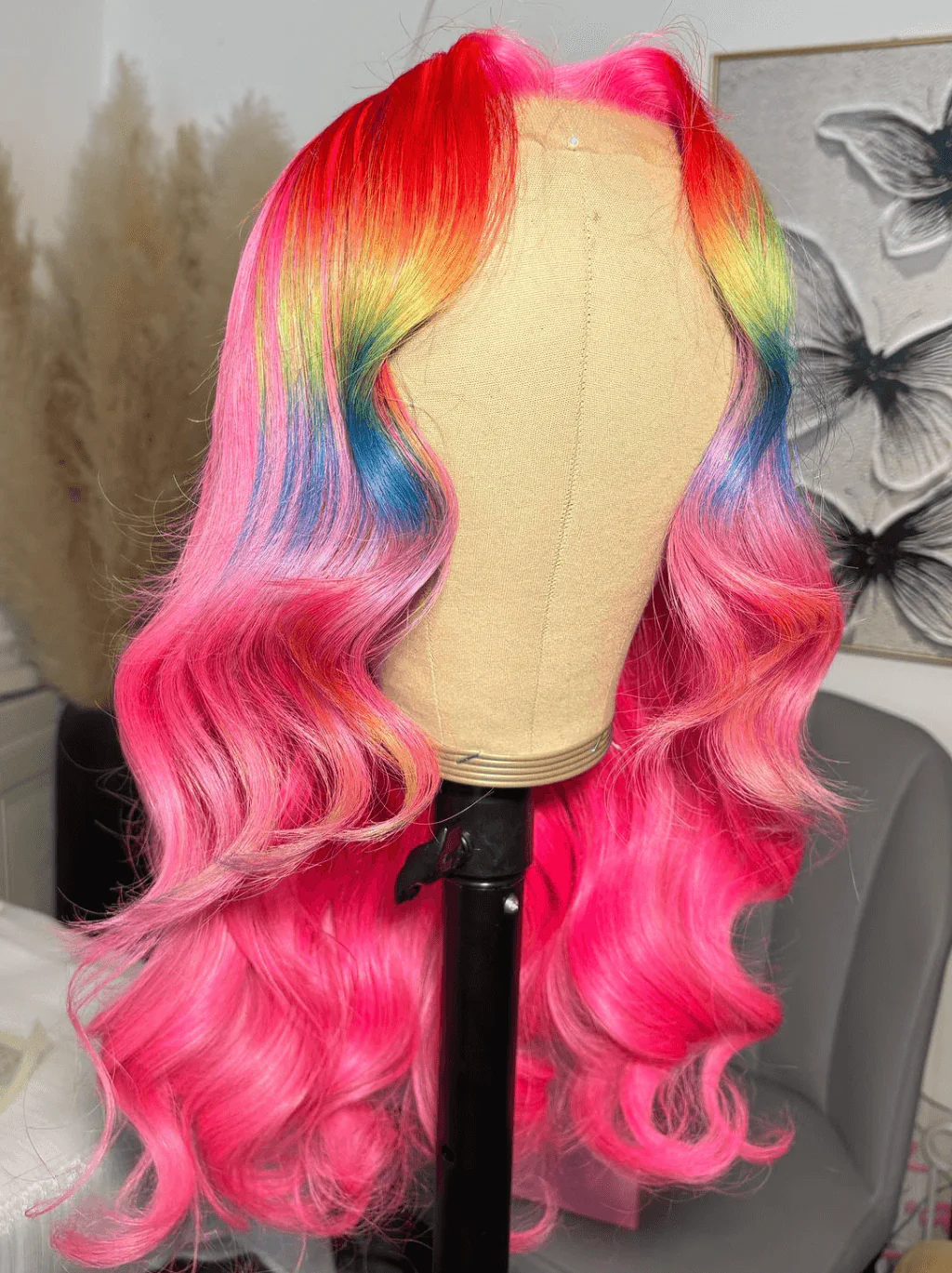 Dorsanee Ombre Pink Red Blue Yellow Multi Color 13x4 Lace Front Human Hair Wigs - Image 2