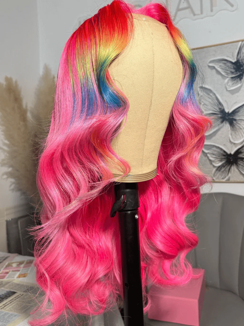 Dorsanee Ombre Pink Red Blue Yellow Multi Color 13x4 Lace Front Human Hair Wigs - Image 3