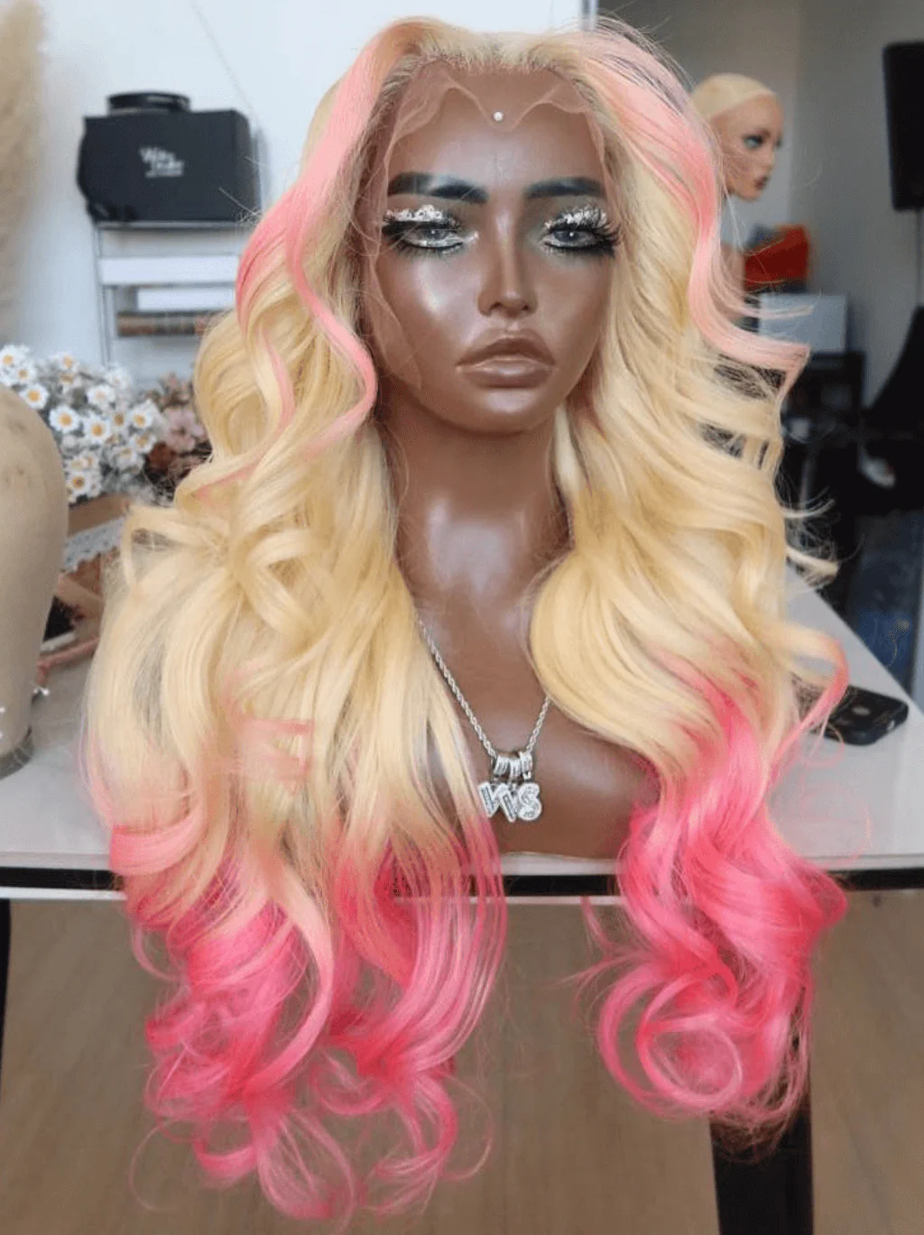 Dorsanee Ombre Pink Skunk Stripe Blonde 13x4 Lace Front Virgin Human Hair Wigs - Image 2