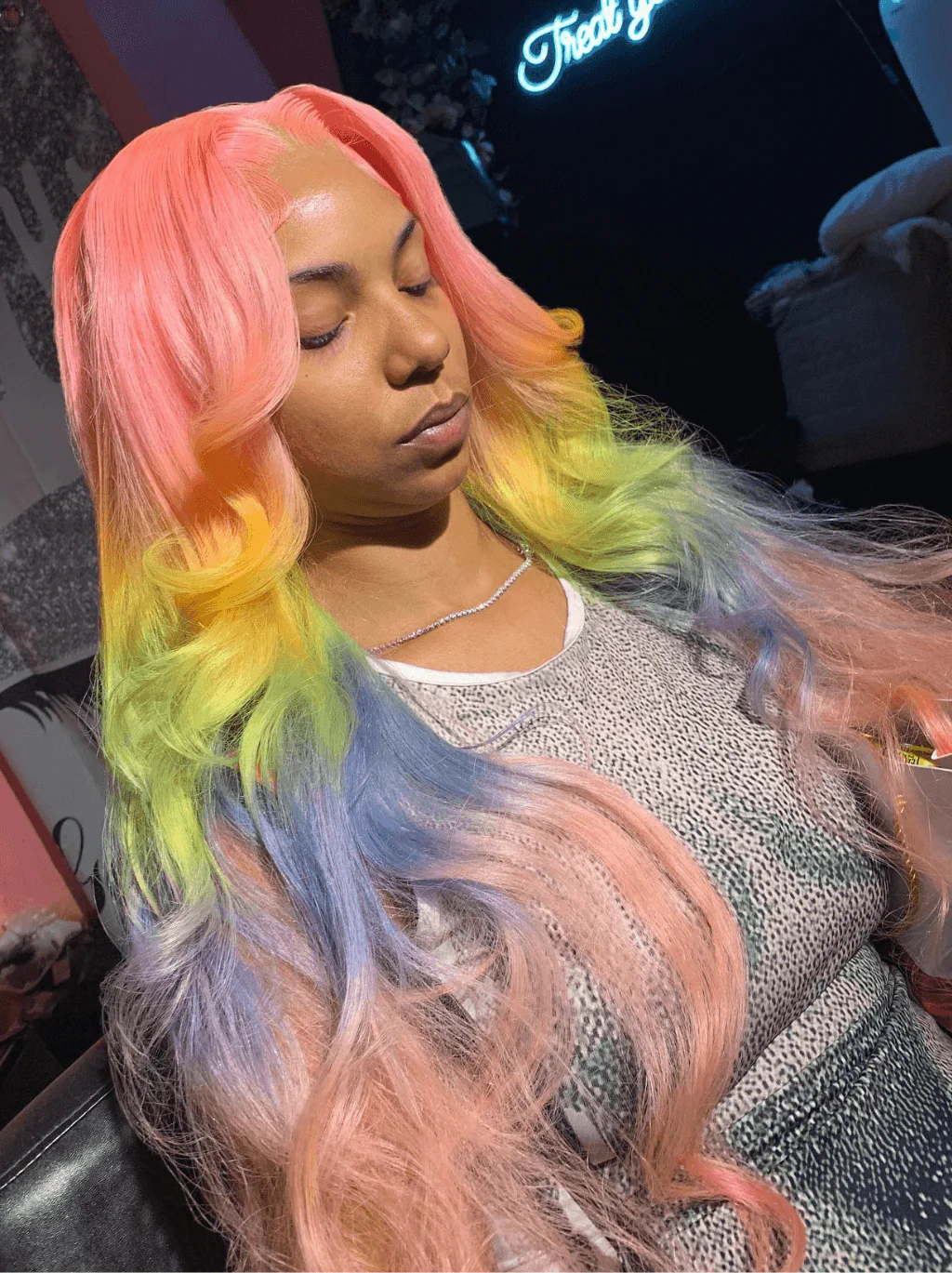 Dorsanee Ombre Pink Yellow Green Blue Color 13x4 HD Lace Front Human Hair Wigs - Image 3