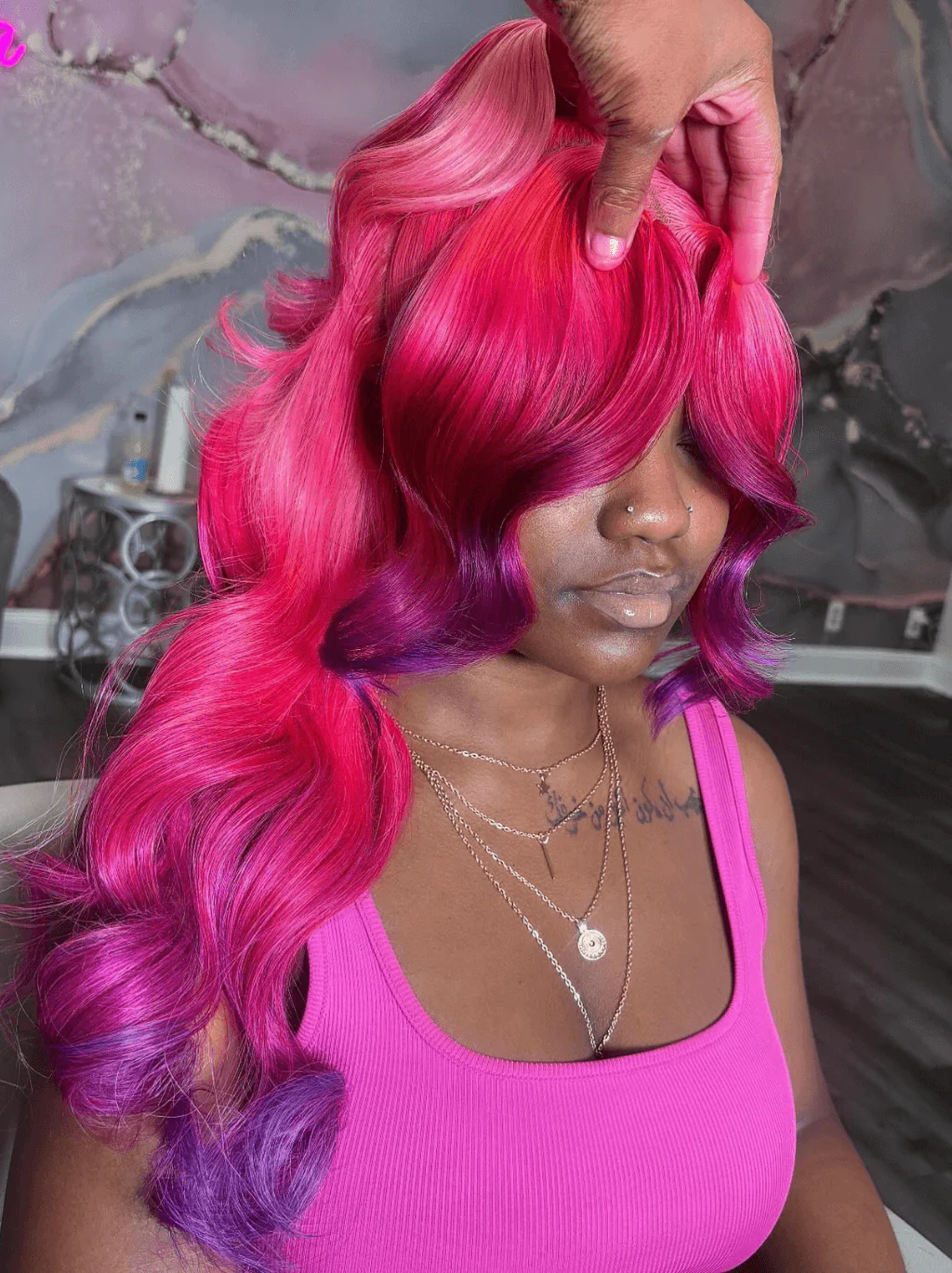 Dorsanee Ombre Red Pink Purple Skunk Stripe HD Lace Front Virgin Human Hair Wig - Image 3