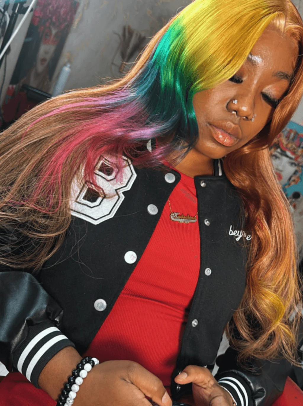 Dorsanee Ombre Yellow Green Red Brown Streaks Lace Front Virgin Human Hair Wigs - Image 2