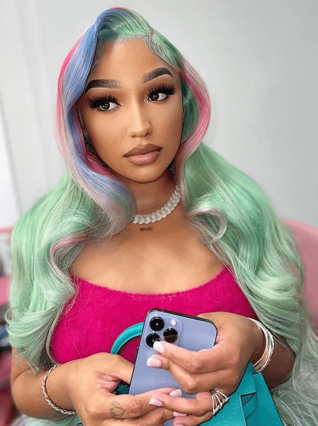 Dorsanee Pastel Green With Pink Blue Skunk Stripe HD Lace Front Human Hair Wigs - Image 3