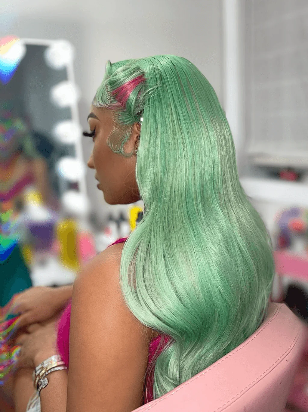Dorsanee Pastel Green With Pink Blue Skunk Stripe HD Lace Front Human Hair Wigs - Image 4