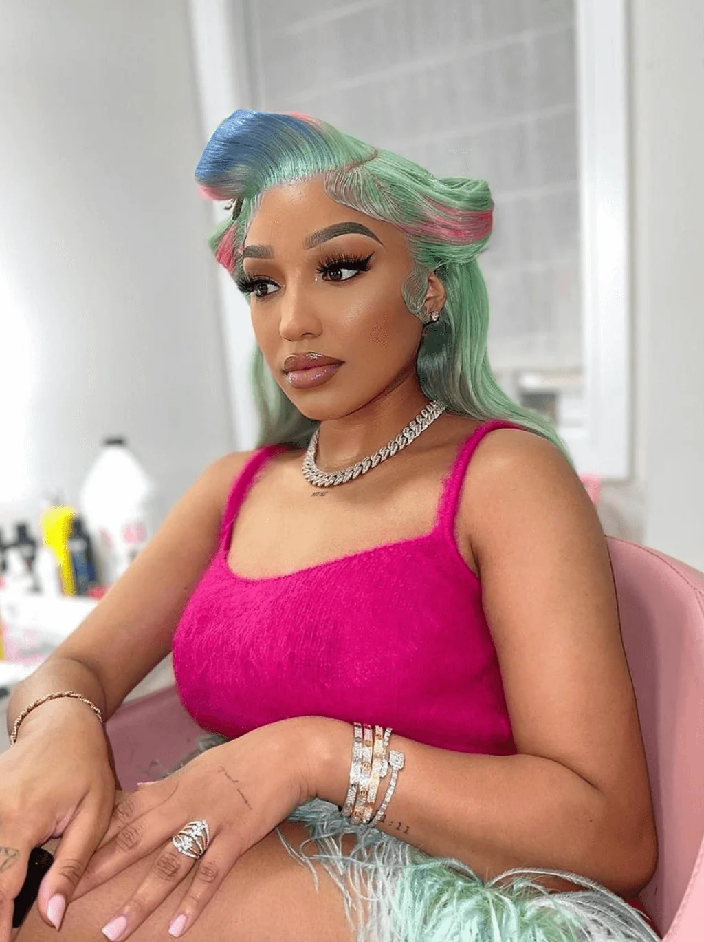 Dorsanee Pastel Green With Pink Blue Skunk Stripe HD Lace Front Human Hair Wigs - Image 5