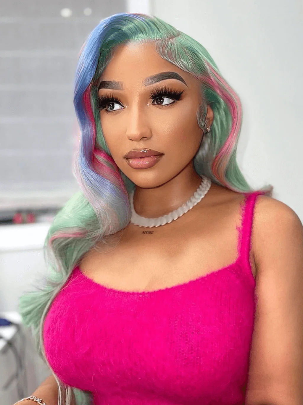 Dorsanee Pastel Green With Pink Blue Skunk Stripe HD Lace Front Human Hair Wigs - Image 6
