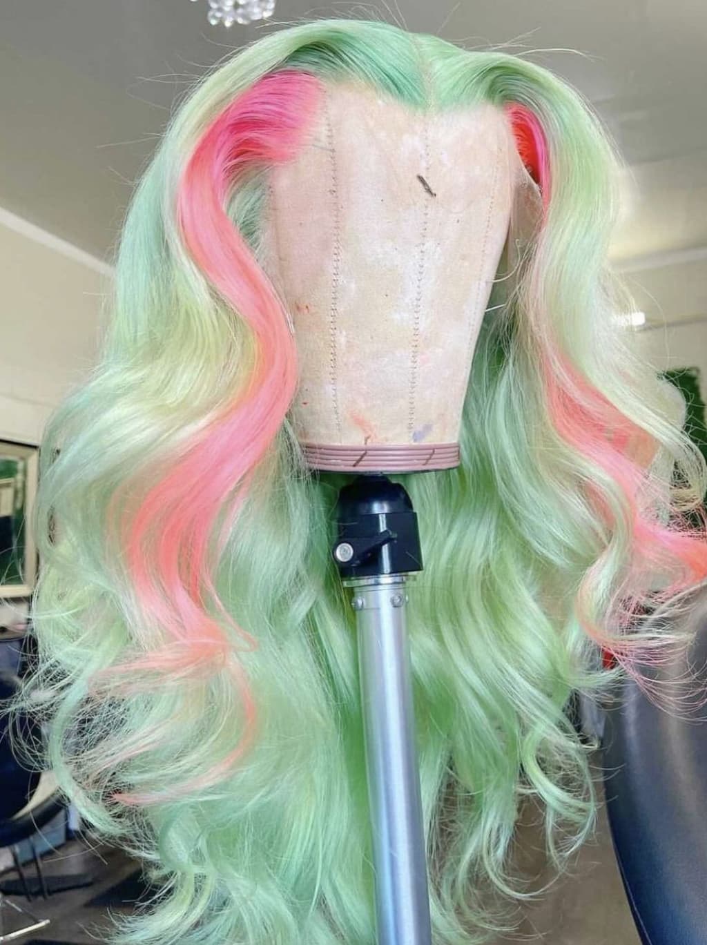 Dorsanee Pastel Green With Pink Skunk Stripe Highlights 13x4 Lace Front Virgin Human Hair Wig - Image 3