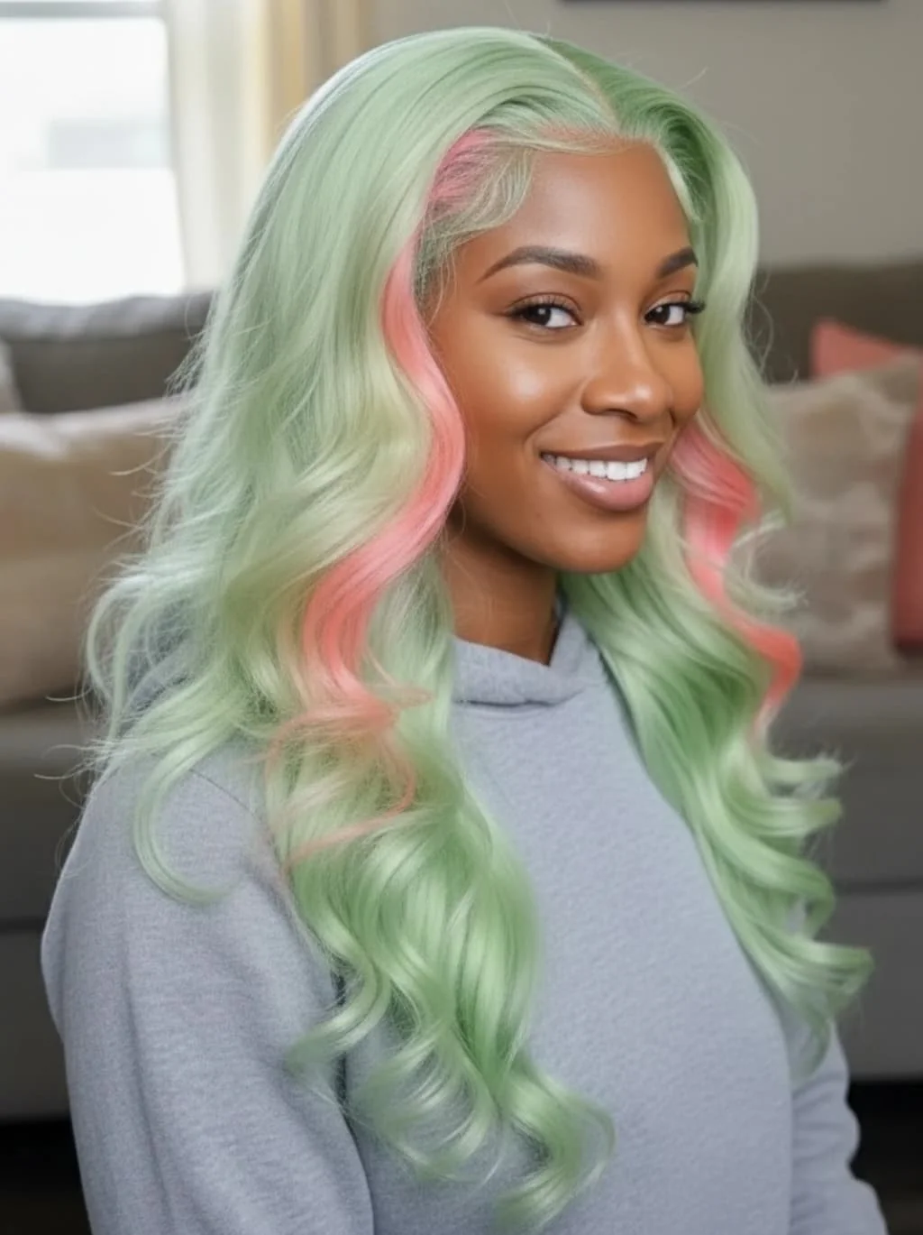 Dorsanee Pastel Green With Pink Skunk Stripe Highlights 13x4 Lace Front Virgin Human Hair Wig - Image 5