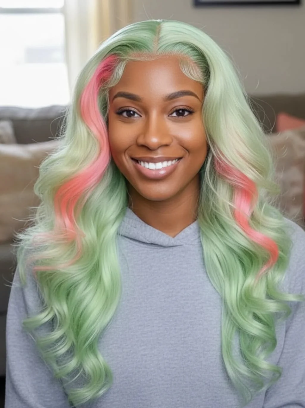 Dorsanee Pastel Green With Pink Skunk Stripe Highlights 13x4 Lace Front Virgin Human Hair Wig - Image 6