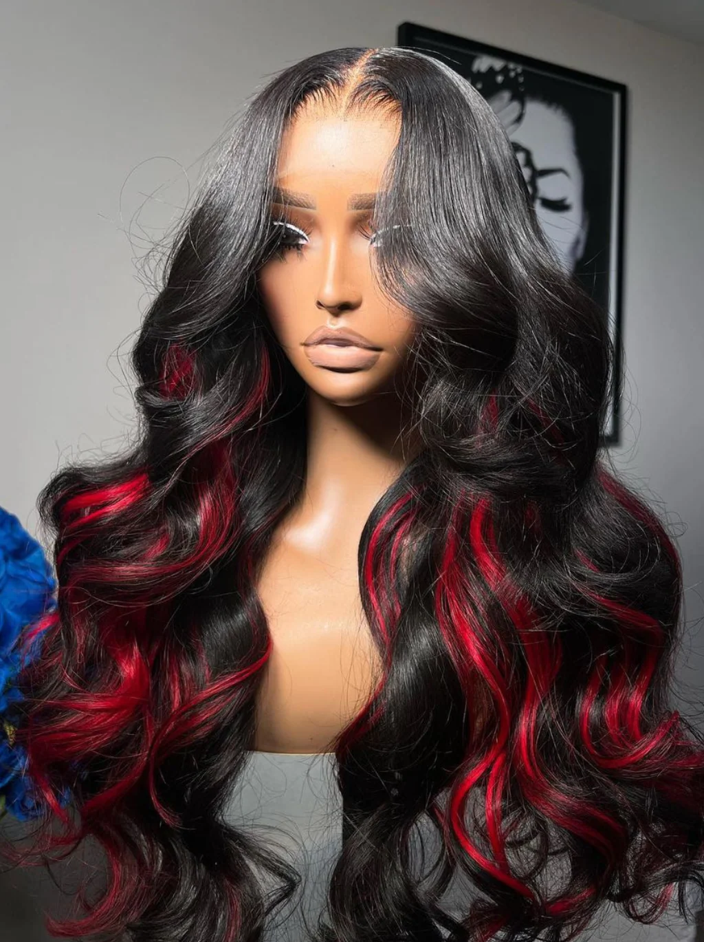 Dorsanee Peekaboo Black Wig With Blonde 99J Red Highlight Streaks 200 Density 13x4 Lace Front Body Wave Hair Wigs - Image 3