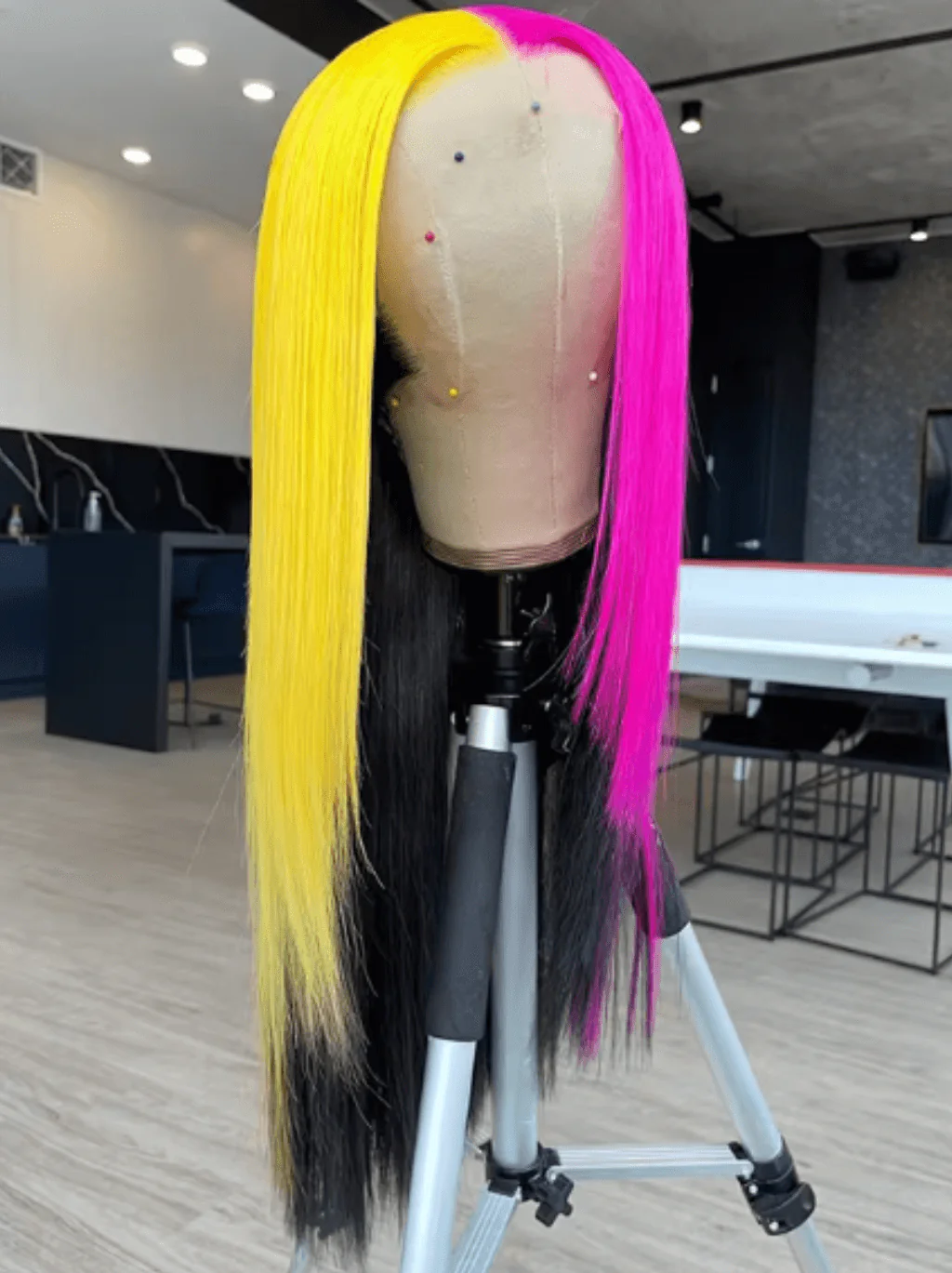 Dorsanee Peekaboo Half Yellow Half Hot Pink Black 13x4 Lace Front Human Hair Wigs - Image 2
