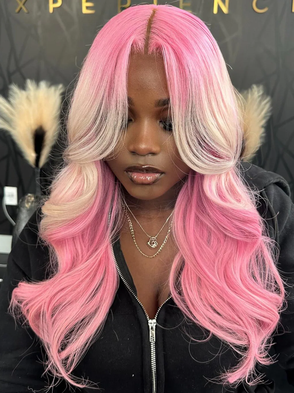 Dorsanee Pink Wig With Blonde Streaks 200 Density 13x4 Lace Front Human Hair Wigs - Image 3
