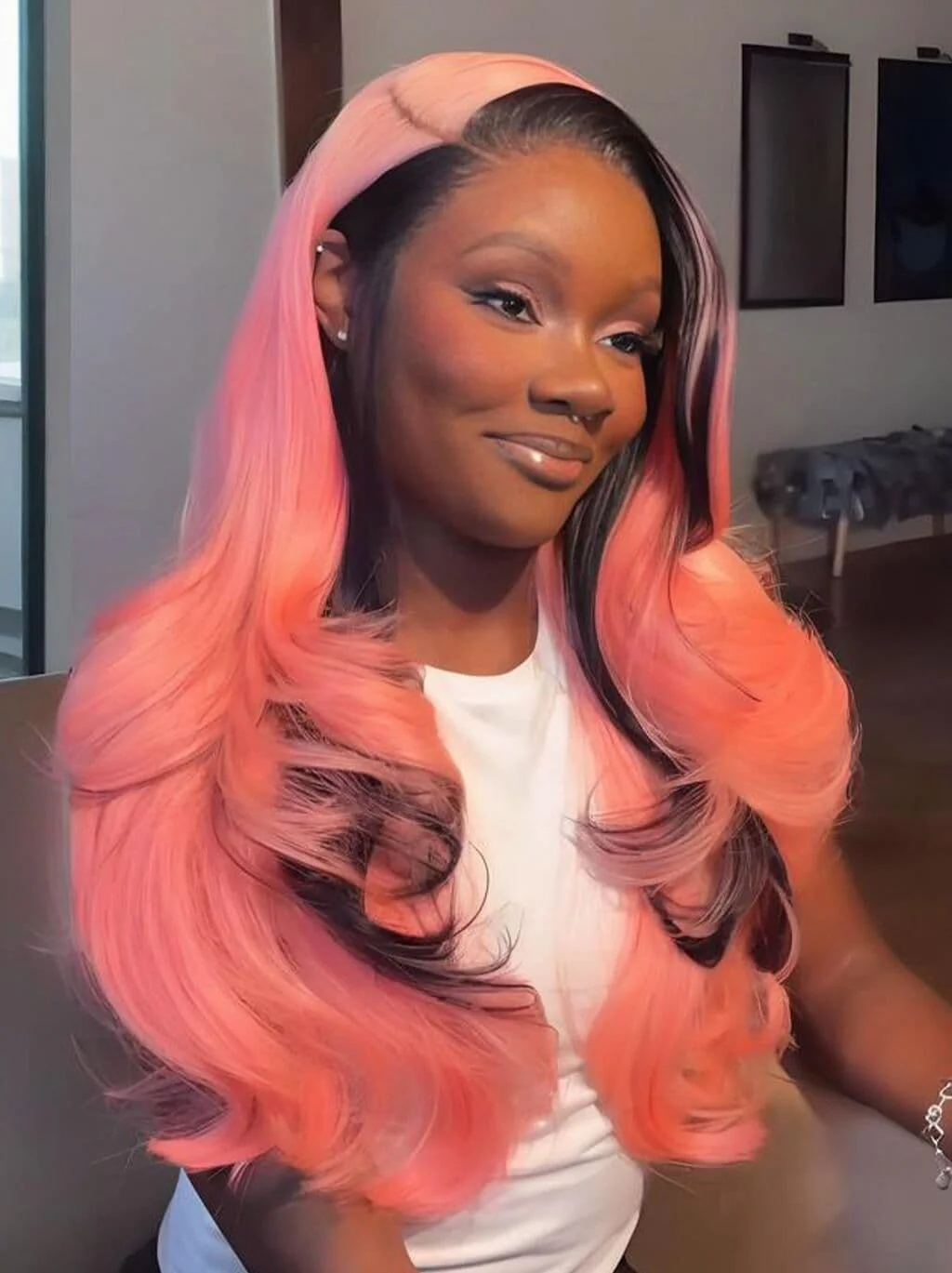 Dorsanee Pink With Black Skunk Stripe 13x4 Lace Front Human Hair Wigs 200 Density - Image 2