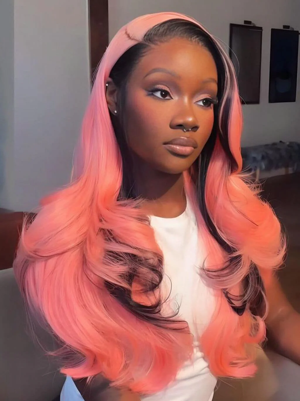 Dorsanee Pink With Black Skunk Stripe 13x4 Lace Front Human Hair Wigs 200 Density - Image 3