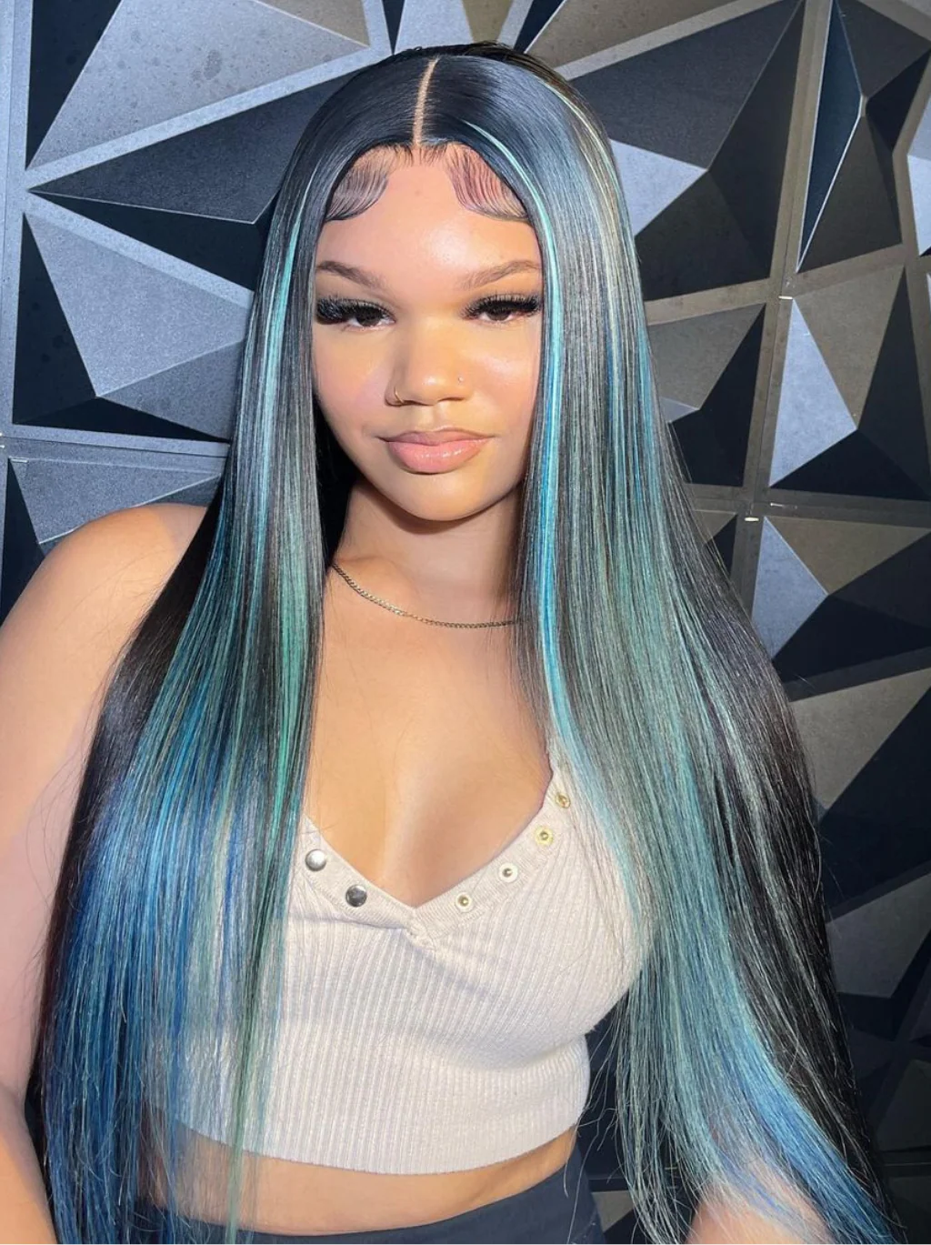 Dorsanee Purple Blue Streaks Highlight 13X4 Lace Front Straight Human Hair Weave Wigs - Image 3