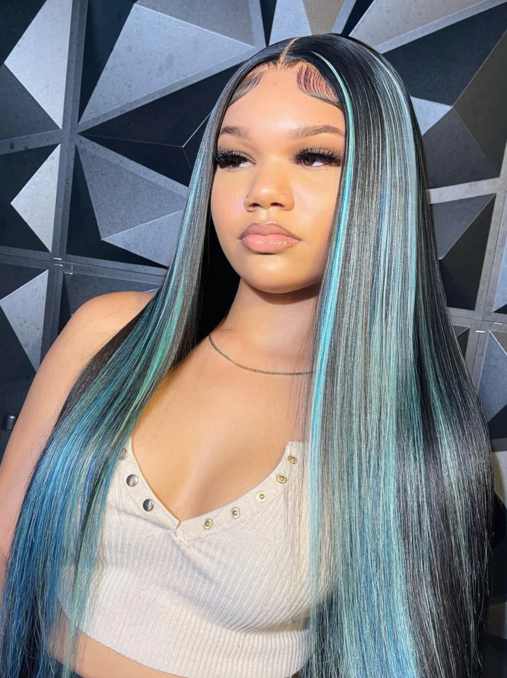 Dorsanee Purple Blue Streaks Highlight 13X4 Lace Front Straight Human Hair Weave Wigs - Image 4
