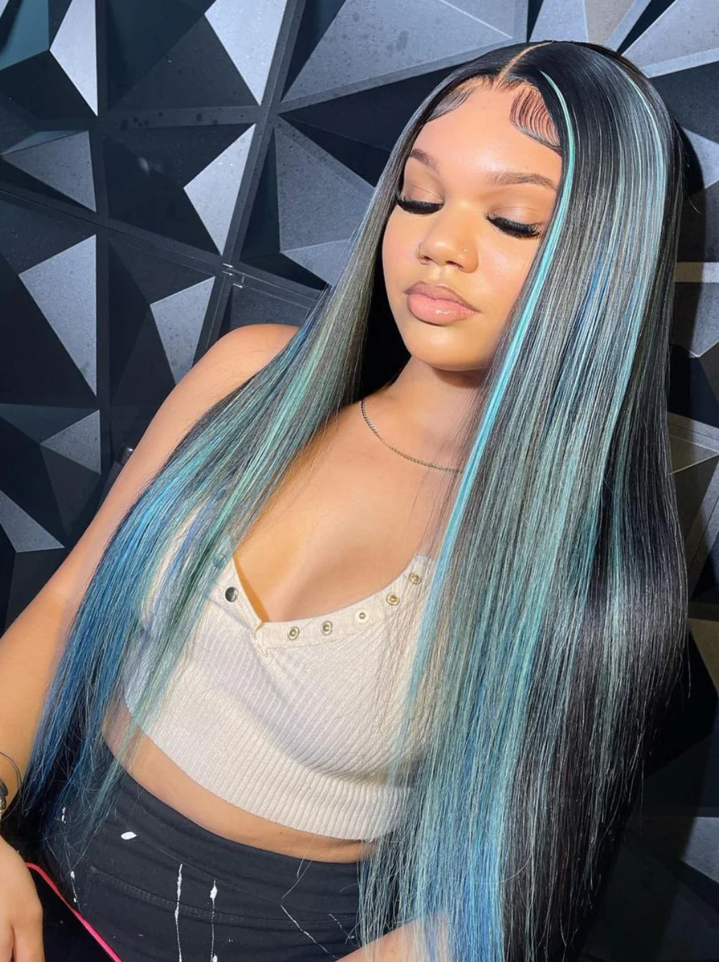 Dorsanee Purple Blue Streaks Highlight 13X4 Lace Front Straight Human Hair Weave Wigs - Image 5