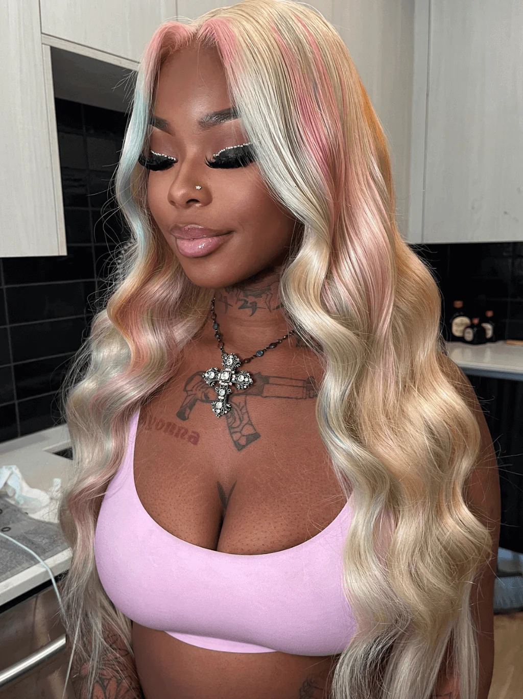 Dorsanee Rainbow Blonde Pink Green Ginger Multi Color Lace Front Human Hair Wig - Image 2