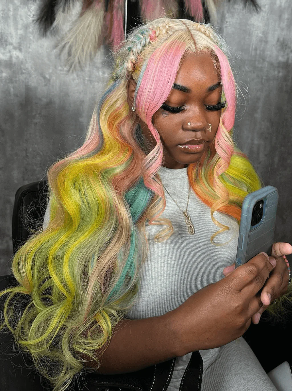 Dorsanee Rainbow Multi Color Pink Yellow Green Blonde Blue Human Hair Wigs - Image 2