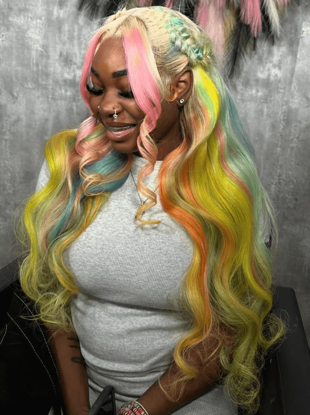 Dorsanee Rainbow Multi Color Pink Yellow Green Blonde Blue Human Hair Wigs - Image 3