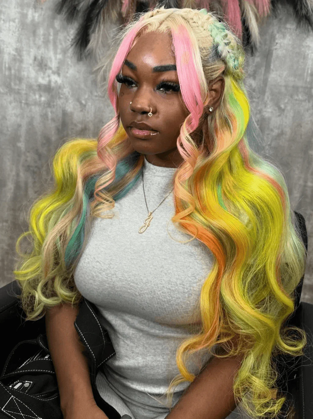Dorsanee Rainbow Multi Color Pink Yellow Green Blonde Blue Human Hair Wigs - Image 4