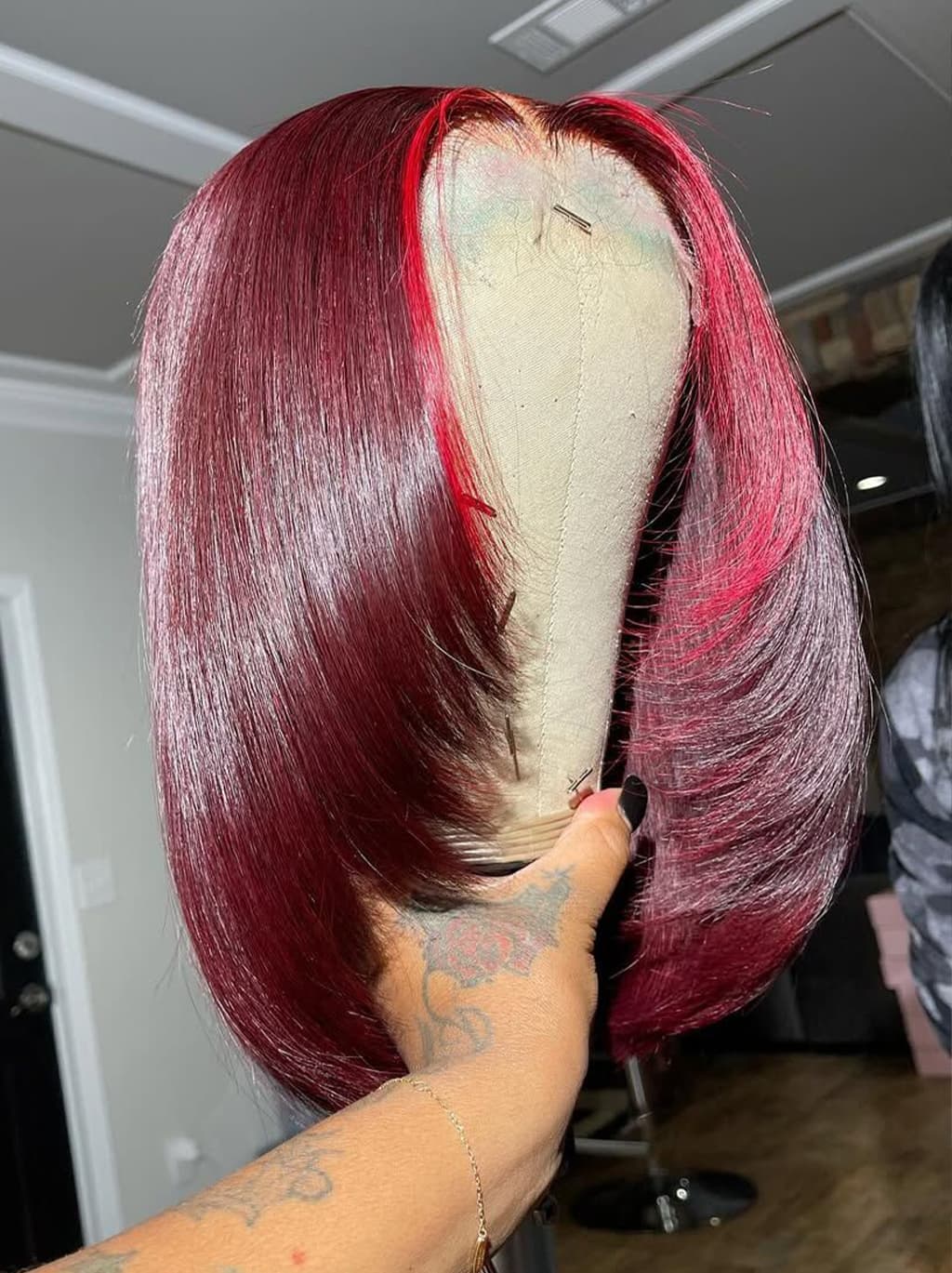 Dorsanee Short Medium Layered Cut Burgundy Red Skunk Stripe Bob 13x4 Lace Front Human Hair Wig - Image 2