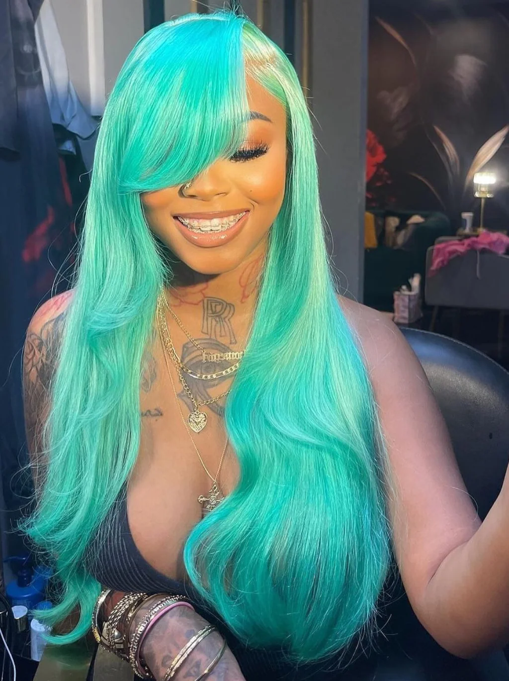 Dorsanee Side Part Bangs Butterfly Layered Haircut Blonde Pastel Green Blue 13x4 Lace Frontal Human Hair Wig - Image 4