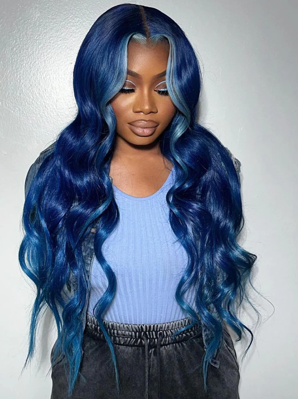 Dorsanee Skunk Stripe Light Blue Royal Blue Color 200 Density 13x4 Lace Front Body Wave Human Hair Wigs - Image 4